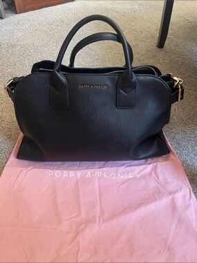 Poppy & Peonies Uptown Tote Black Pebble Leather Satchel with Gold Hardware